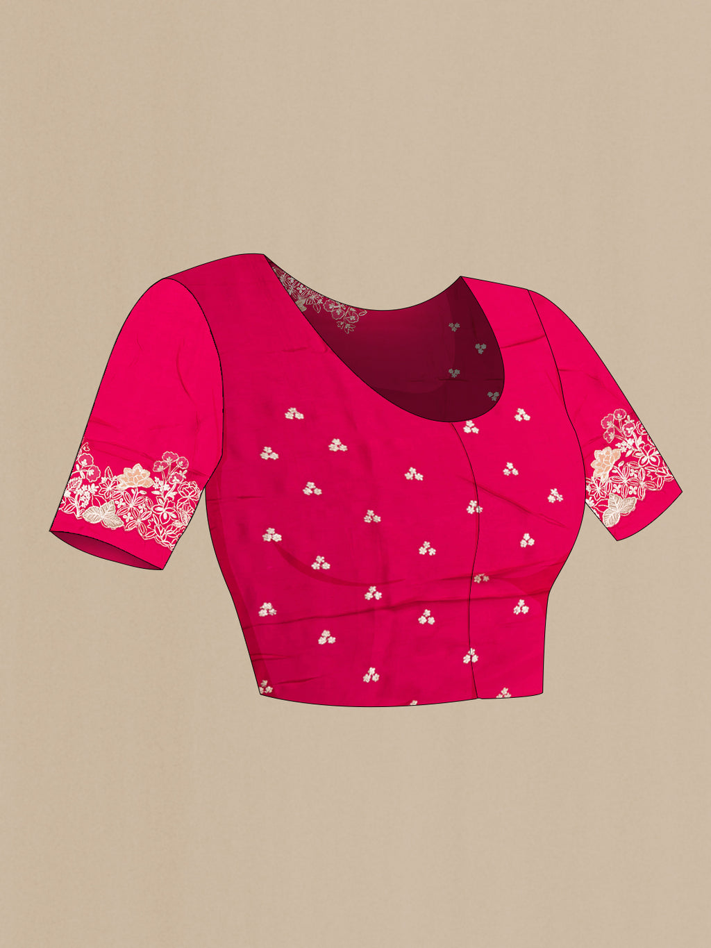 Close up image of the blouse of Dark Pink Organza Saree with Embroidery on the body and Embroidery Border. 