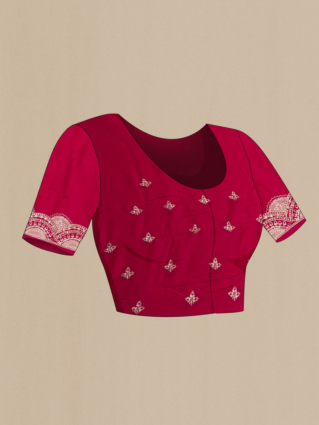 Close up image of the blouse of Dark Pink Organza Saree with Embroidery on the body and Embroidery Border. 