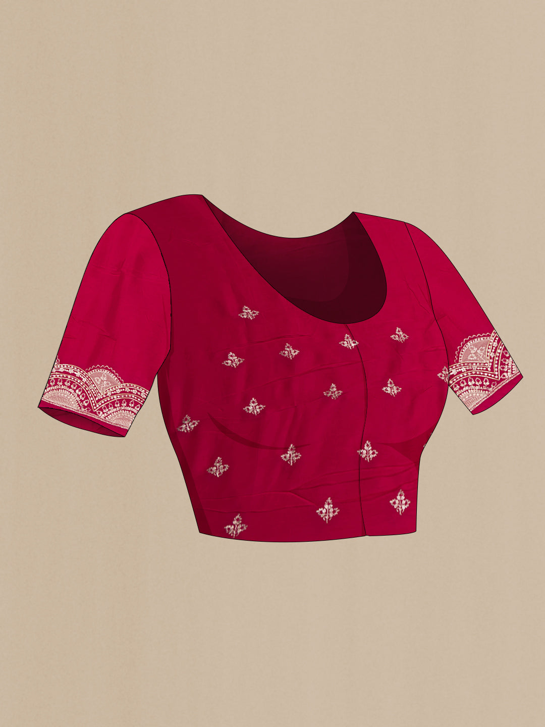 Close up image of the blouse of Dark Pink Organza Saree with Embroidery on the body and Embroidery Border. 