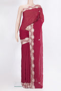 Dark Pink Banarasi Georgette Saree with Embroidery on the body and Embroidery Border.  displayed on a mannequin