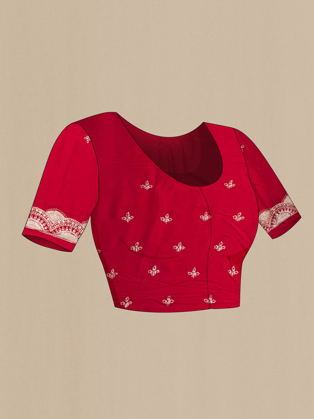 Close up image of the blouse of Red Organza Silk Saree with Embroidery on the body and Embroidery Border. 