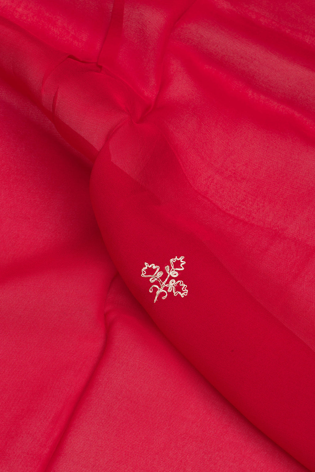 Close up of Red Organza Silk Saree with Embroidery on the body and Embroidery Border.  displaying folds