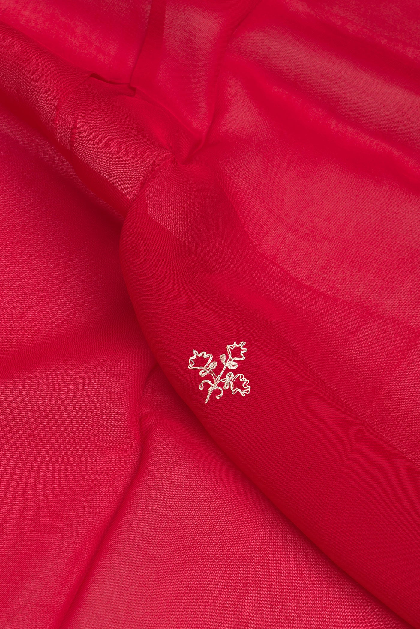 Close up of Red Organza Silk Saree with Embroidery on the body and Embroidery Border.  displaying folds