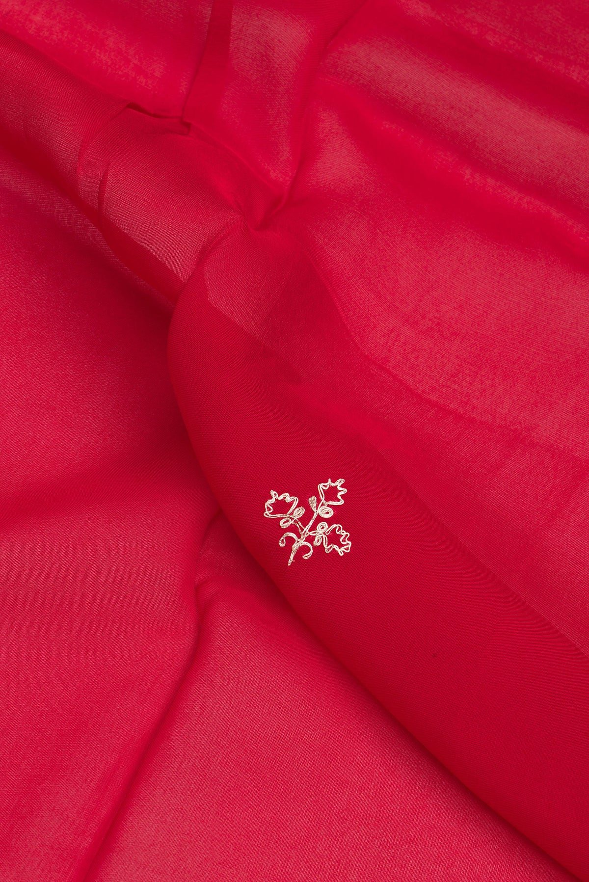 Close up of Red Organza Silk Saree with Embroidery on the body and Embroidery Border.  displaying folds