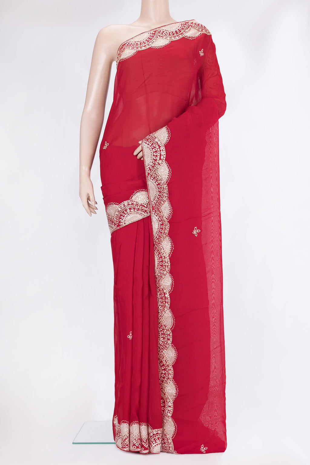 Red Organza Silk Saree with Embroidery on the body and Embroidery Border.  displayed on a mannequin