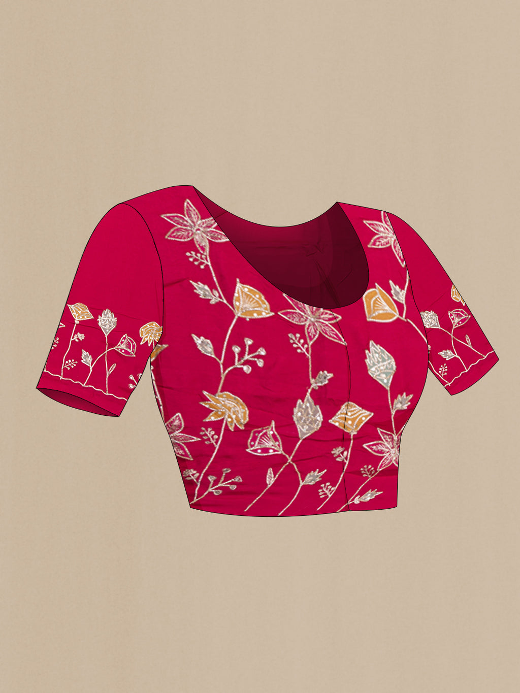 Close up image of the blouse of Dark Pink Organza Silk Saree with Embroidery on the body and Sequin Border. 