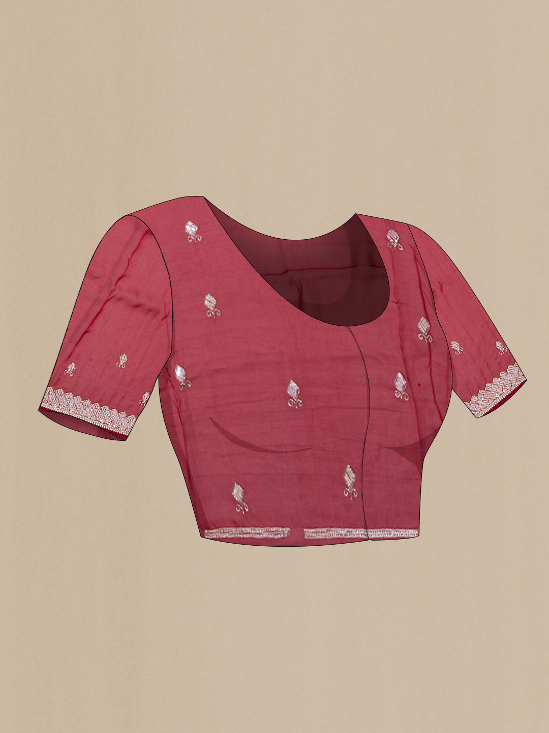 Close up image of the blouse of Maroon Organza Silk Saree with Embroidery on the body and Sequin Border. 