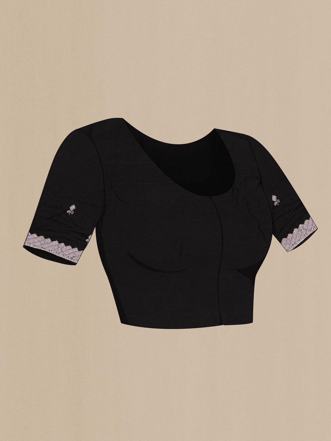 Close up image of the blouse of Black Georgette Saree with Embroidery on the body and Sequin Border. 