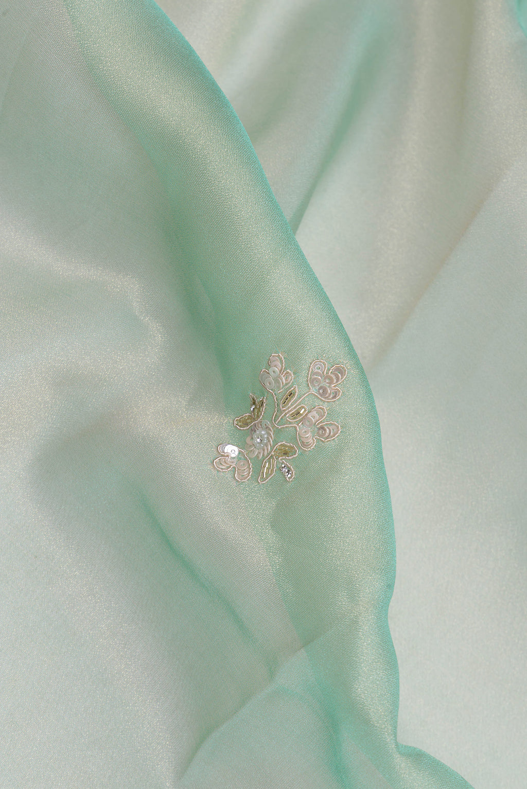 Close up of Light Green Dual Tone Organza Silk Saree with Embroidery on the body and Sequin Border.  displaying folds
