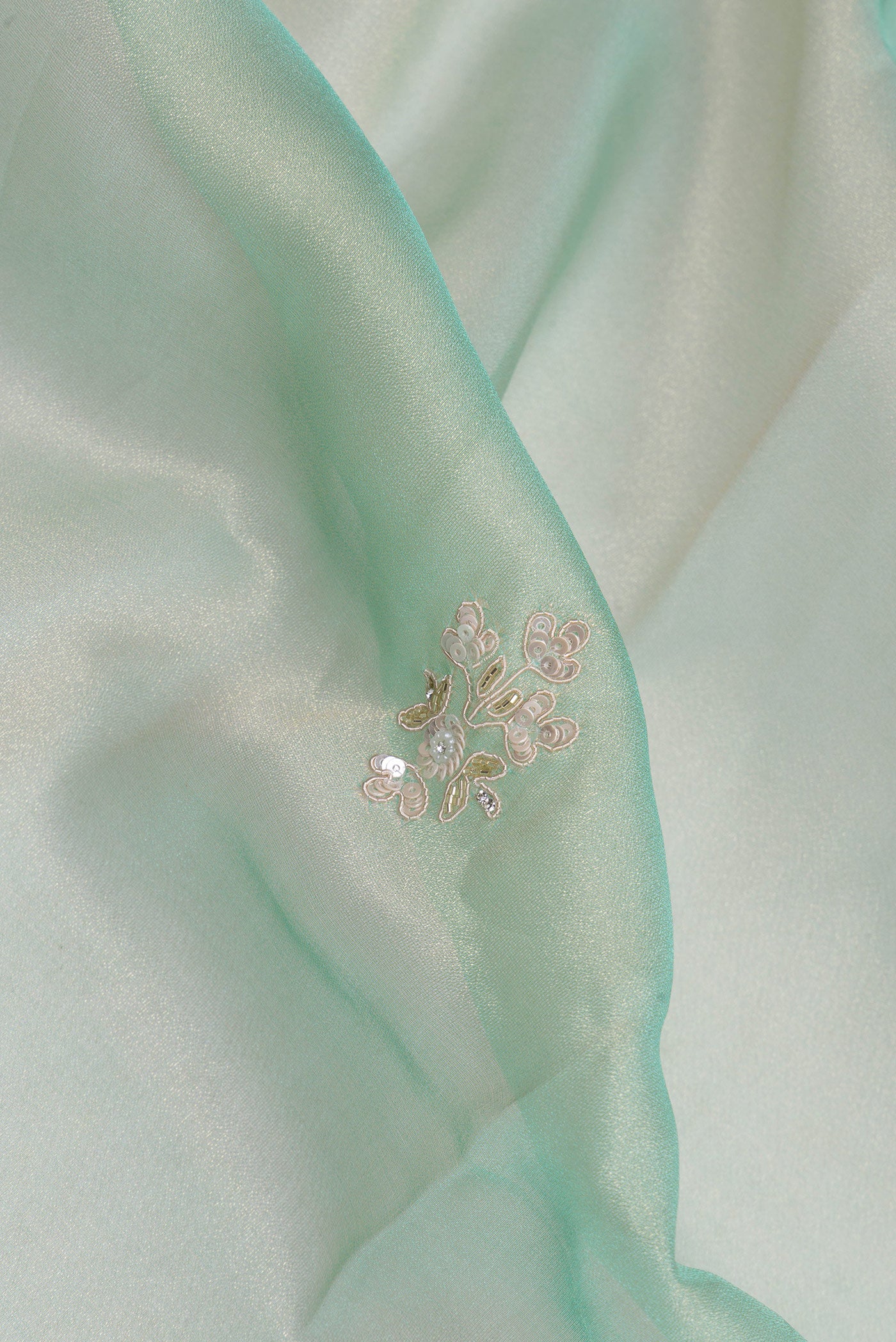 Close up of Light Green Dual Tone Organza Silk Saree with Embroidery on the body and Sequin Border.  displaying folds