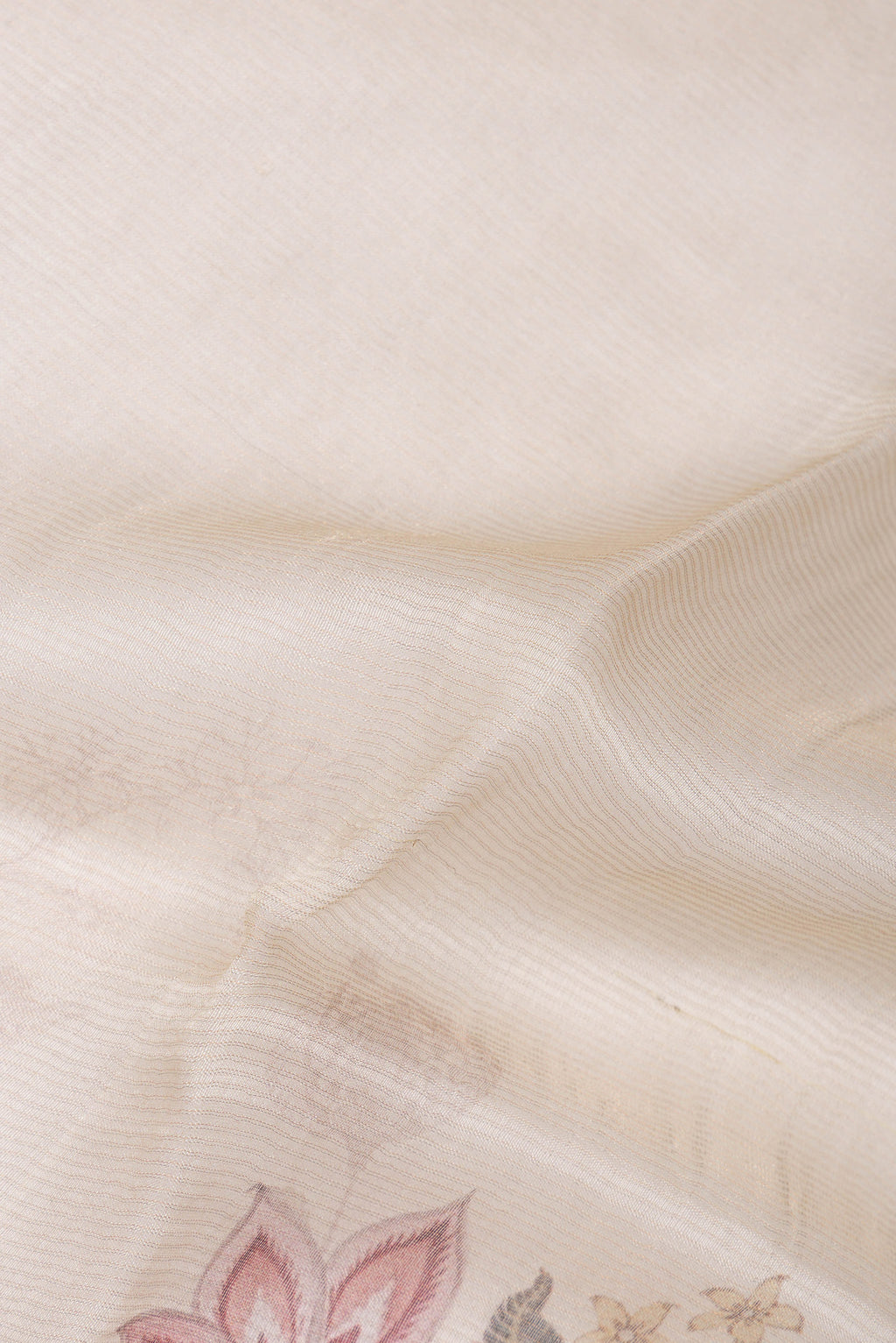 Close up of Cream Organza Saree with Floral Print on the body and Sequin Border.  displaying folds