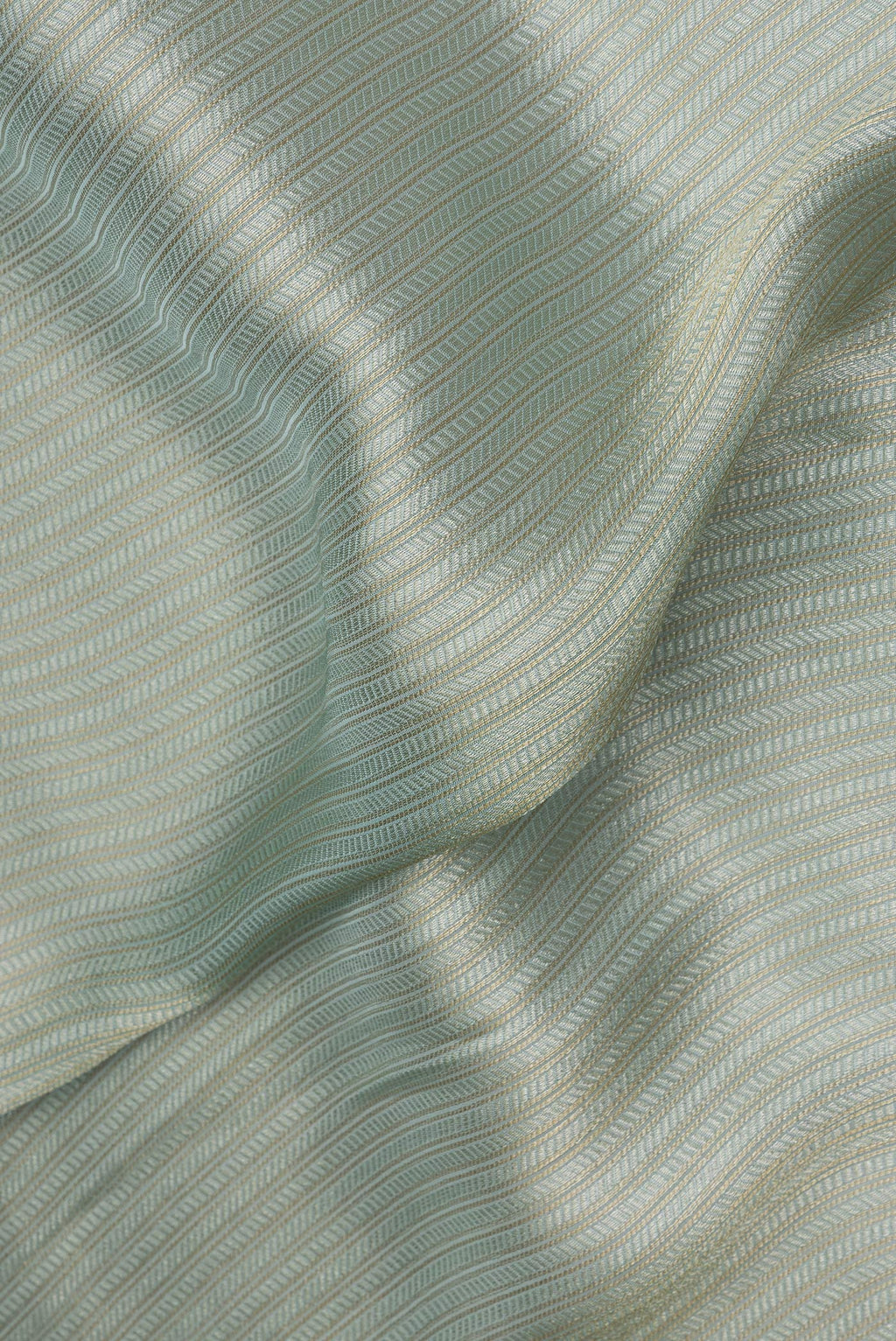 Close up of Mint Green Dual Tone Organza Saree with Embroidery on the body and Sequin Border.  displaying folds