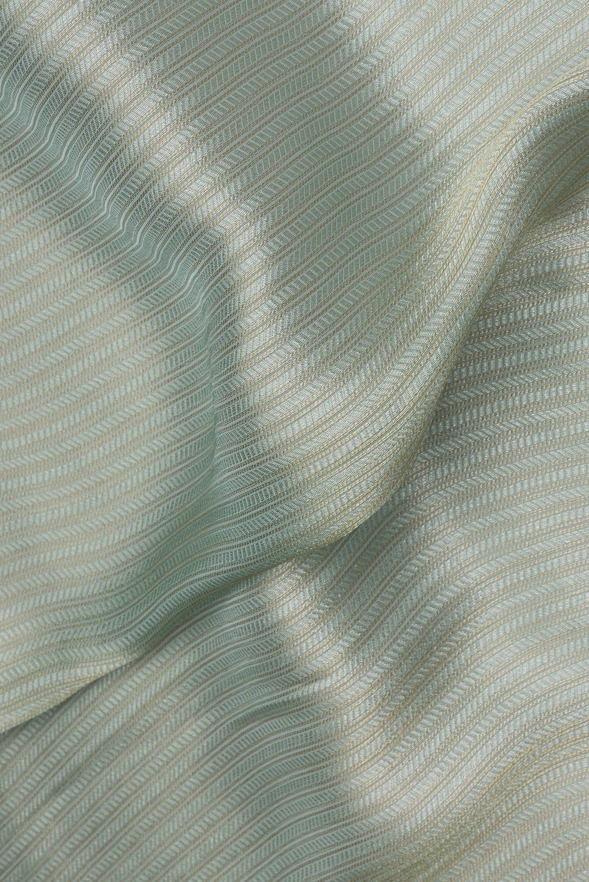 Close up of Mint Green Dual Tone Organza Saree with Embroidery on the body and Sequin Border.  displaying folds