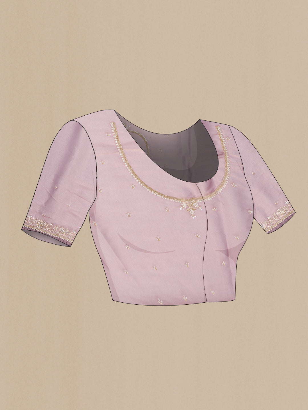 Close up image of the blouse of Purple Organza Silk Saree with Embroidery on the body and Sequin Border. 