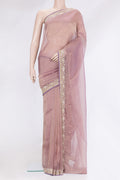 Purple Organza Silk Saree with Embroidery on the body and Sequin Border.  displayed on a mannequin