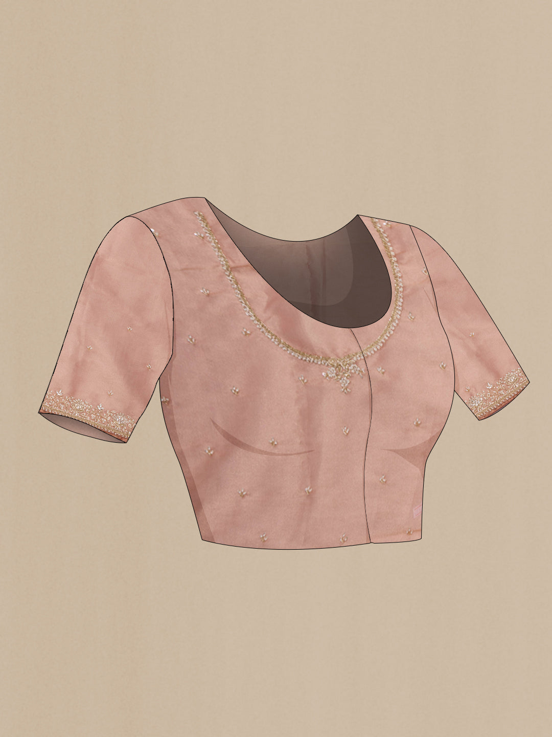 Close up image of the blouse of Peach Dual Tone Organza Saree with Embroidery on the body and Sequin Border. 