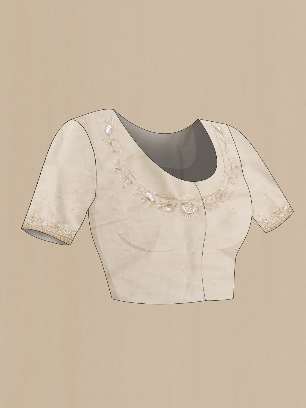 Close up image of the blouse of Beige Organza Silk Saree with Embroidery on the body and Sequin Border. 