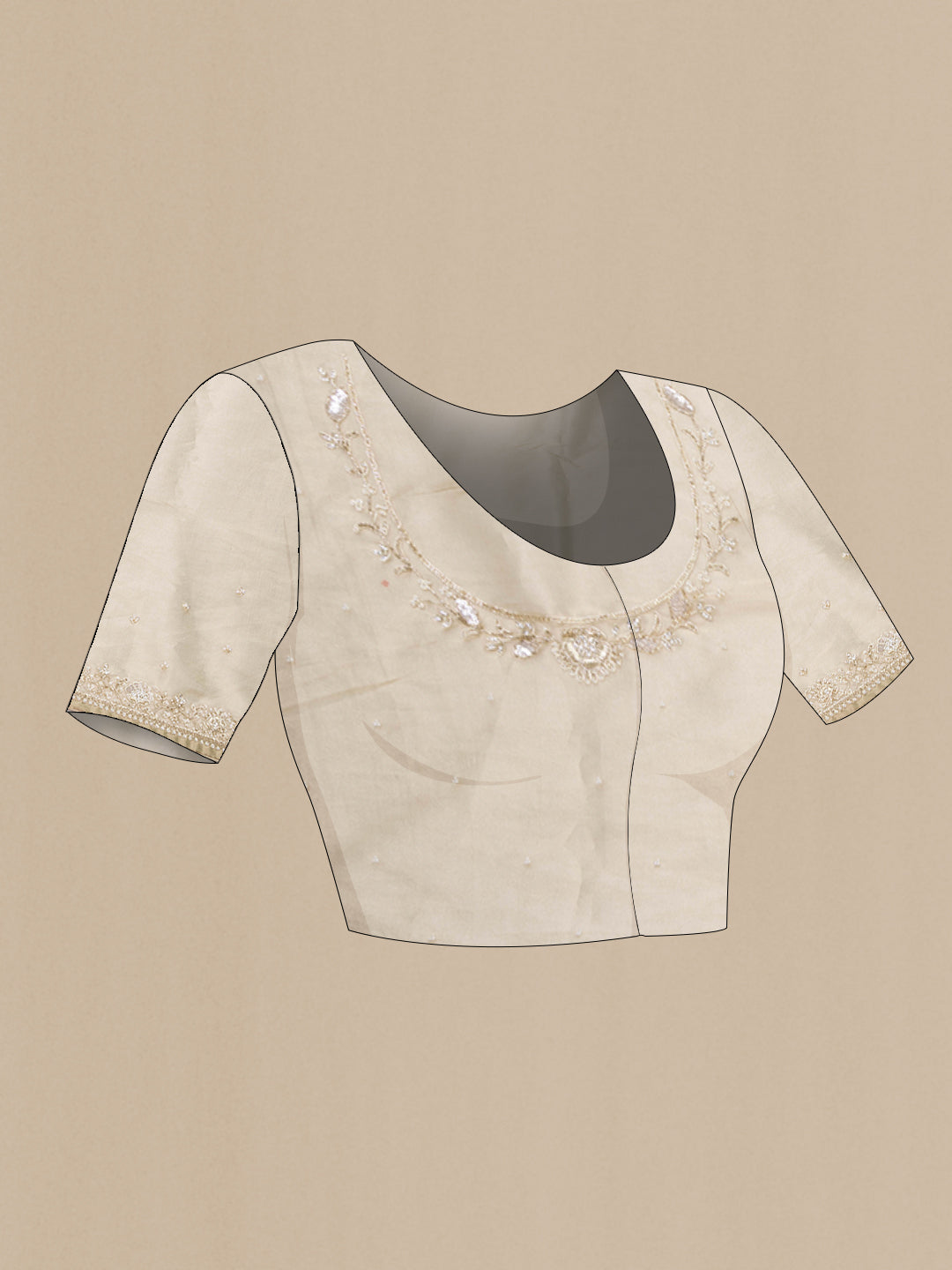 Close up image of the blouse of Beige Organza Silk Saree with Embroidery on the body and Sequin Border. 