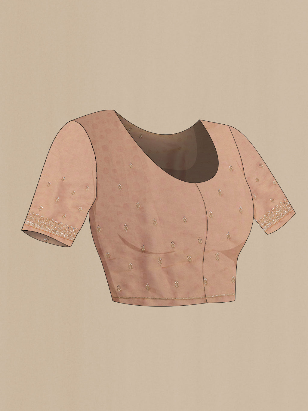 Close up image of the blouse of Golden Peach Dual Tone Organza Saree with Embroidery on the body and Sequin Border. 