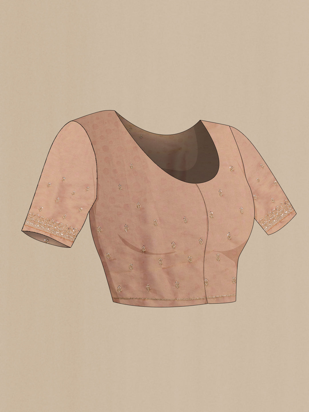 Close up image of the blouse of Golden Peach Dual Tone Organza Saree with Embroidery on the body and Sequin Border. 