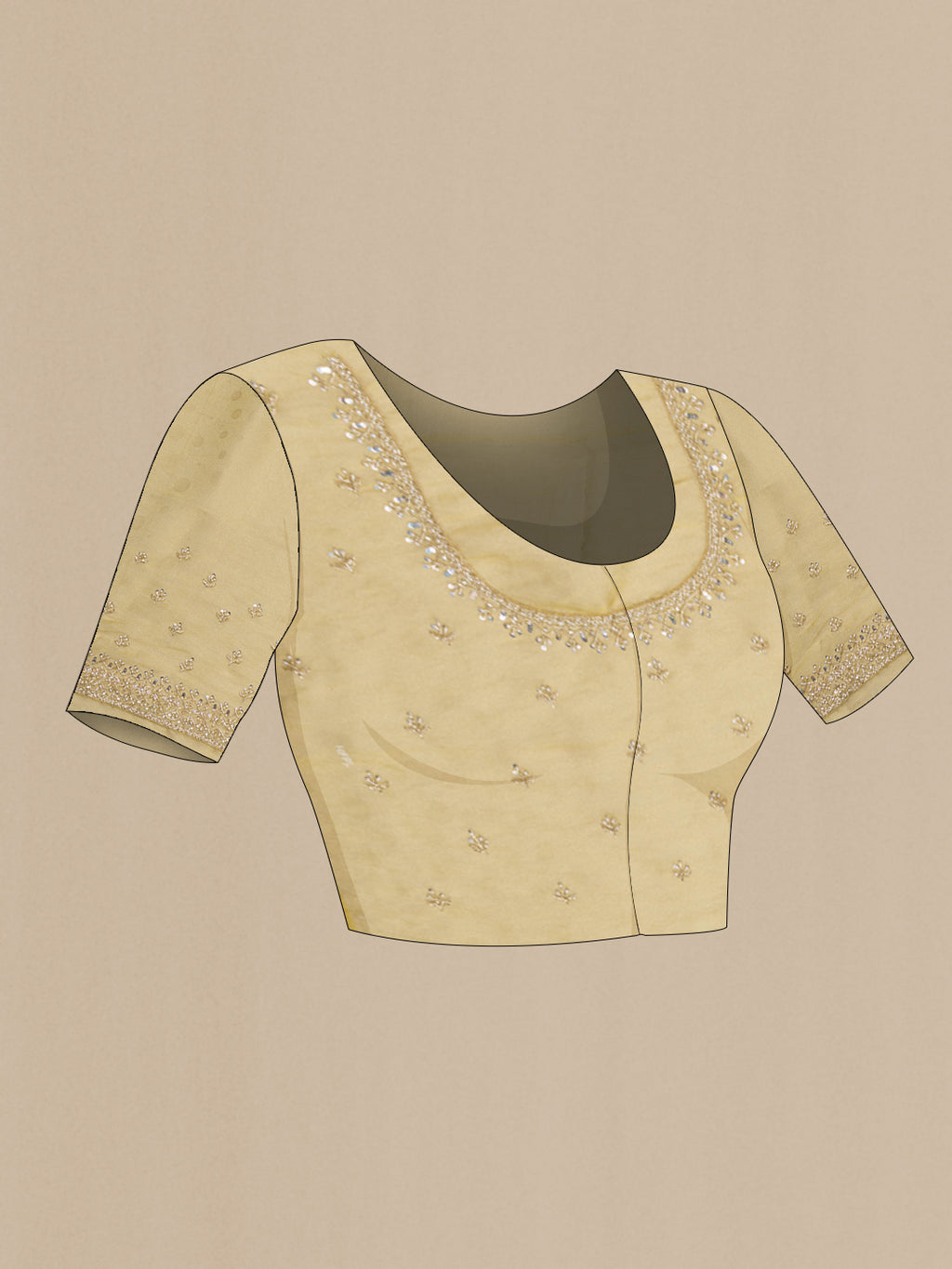 Close up image of the blouse of Gold Organza Silk Saree with Embroidery on the body and Sequin Border. 