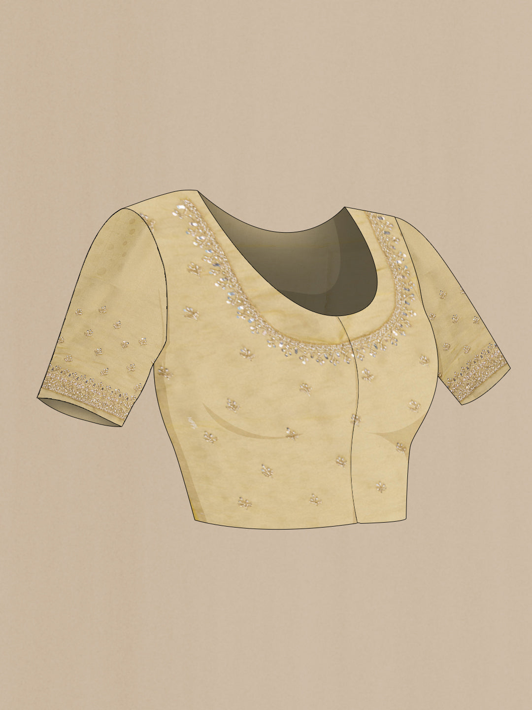 Close up image of the blouse of Gold Organza Silk Saree with Embroidery on the body and Sequin Border. 