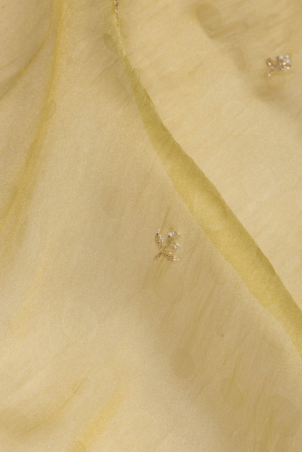 Close up of Gold Organza Silk Saree with Embroidery on the body and Sequin Border.  displaying folds