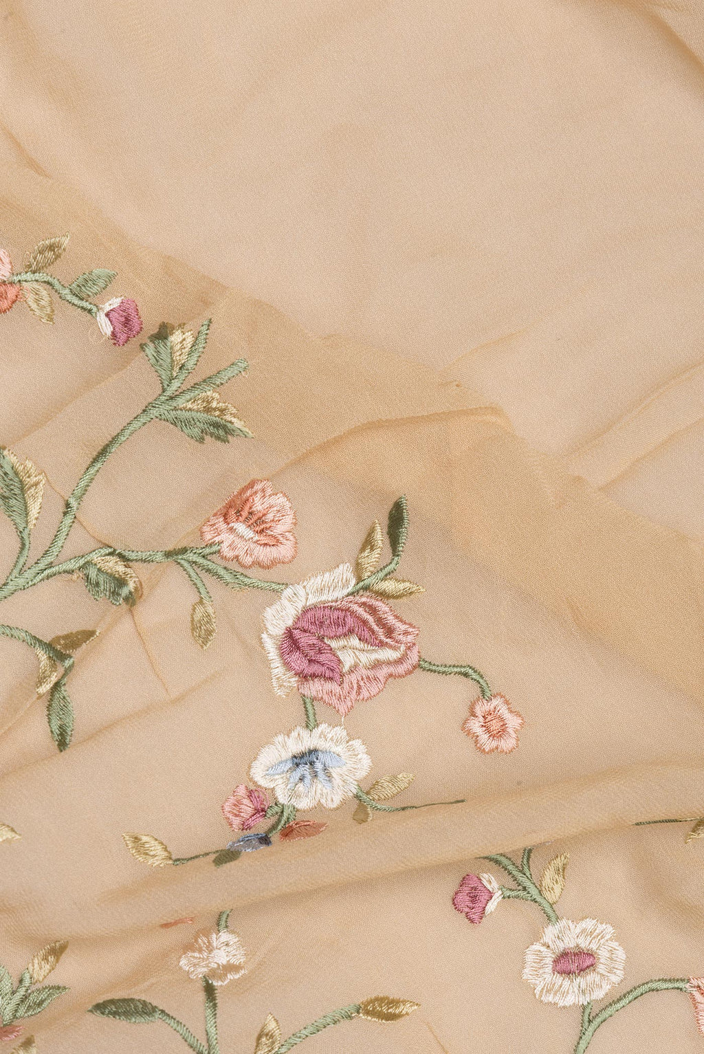 Close up of Beige Parsi Embroidered Saree with Embroidered on the body and Embroidered Border.  displaying folds
