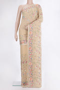 Beige Parsi Embroidered Saree with Embroidered on the body and Embroidered Border.  displayed on a mannequin