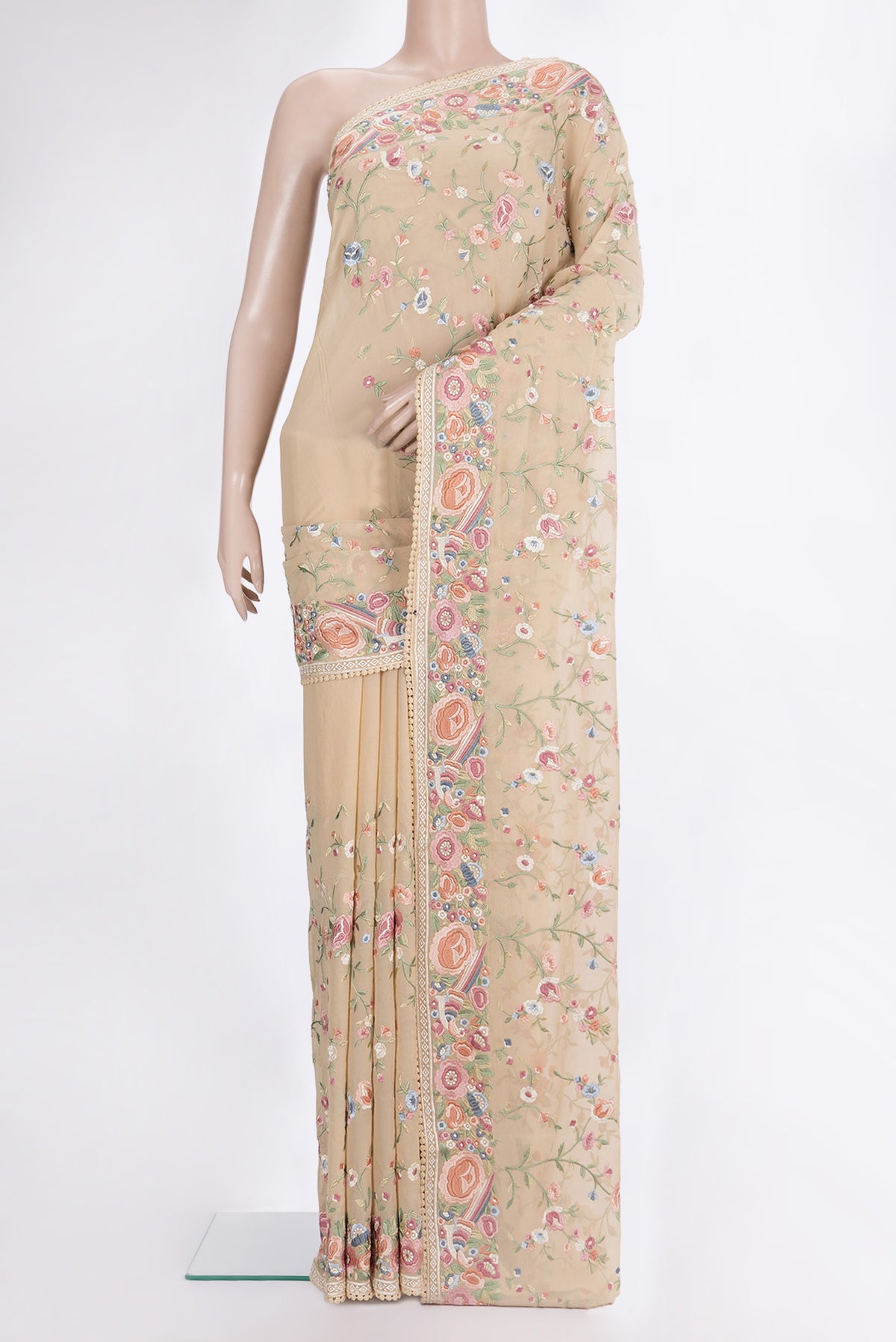 Beige Parsi Embroidered Saree with Embroidered on the body and Embroidered Border.  displayed on a mannequin