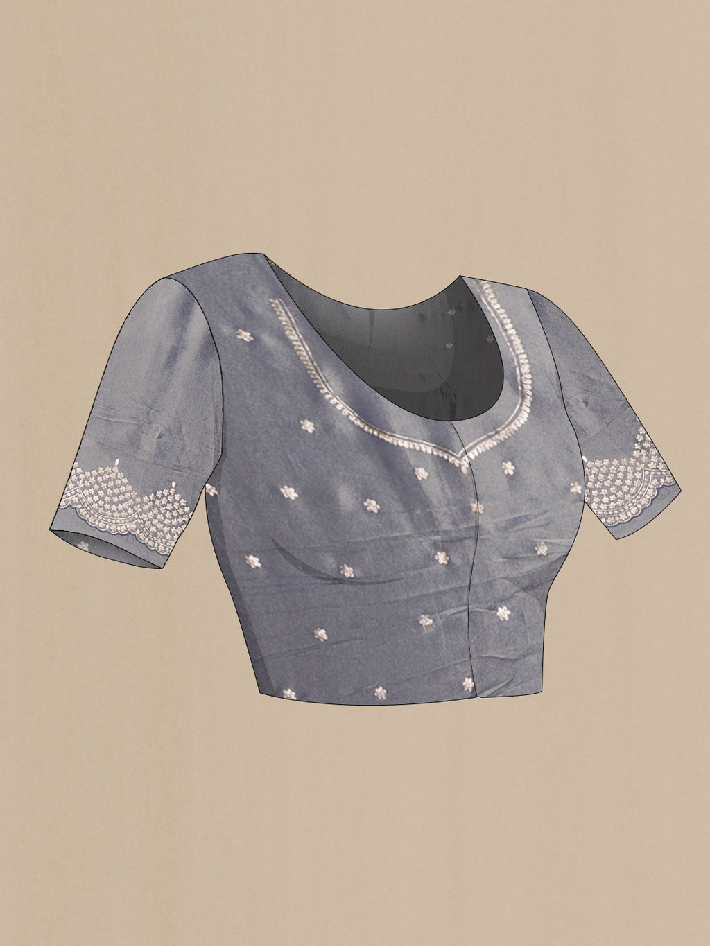 Close up image of the blouse of Grey Organza Saree with Plain Body and Embroidery Border. 