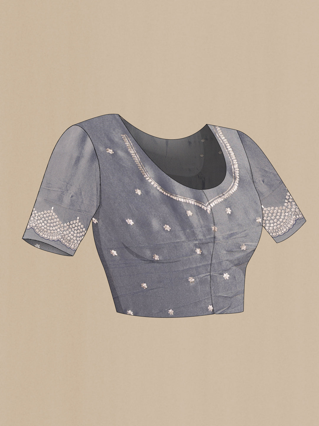 Close up image of the blouse of Grey Organza Saree with Plain Body and Embroidery Border. 