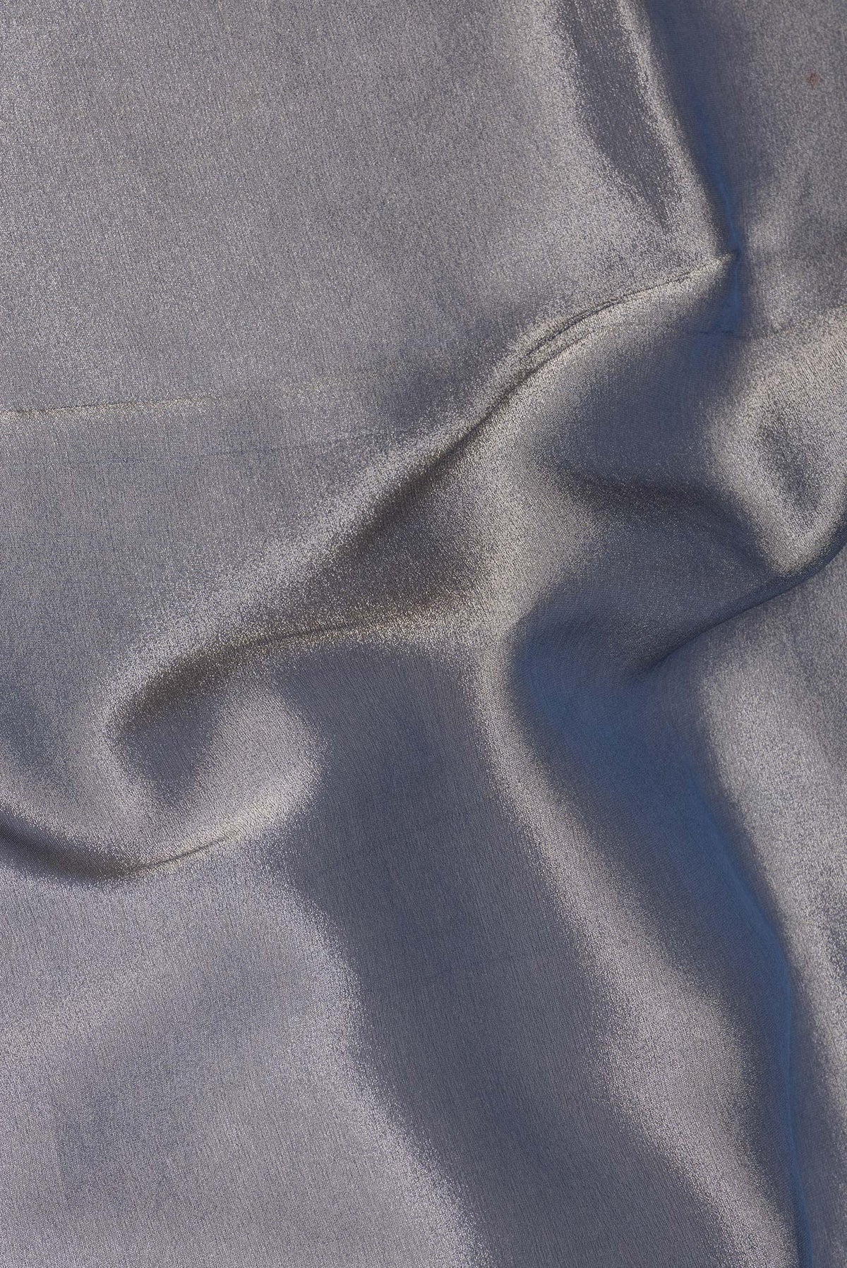 Close up of Grey Organza Saree with Plain Body and Embroidery Border.  displaying folds