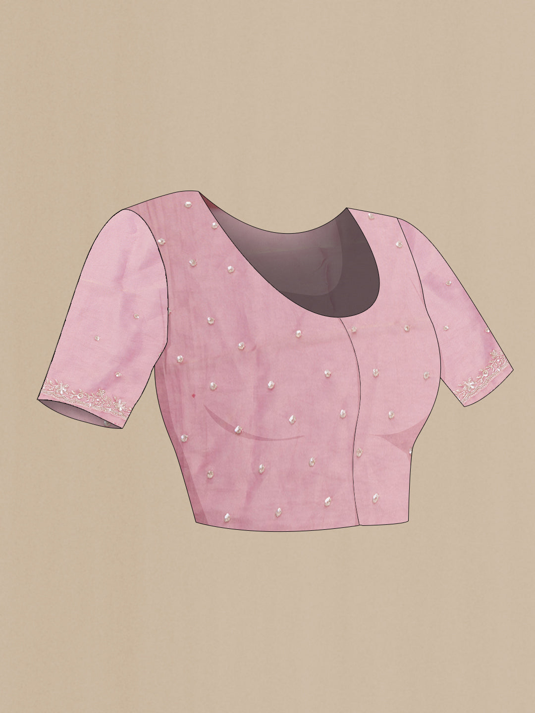Close up image of the blouse of Pink Dual Tone Organza Silk Saree with Embroidery on the body and Embroidery Border. 