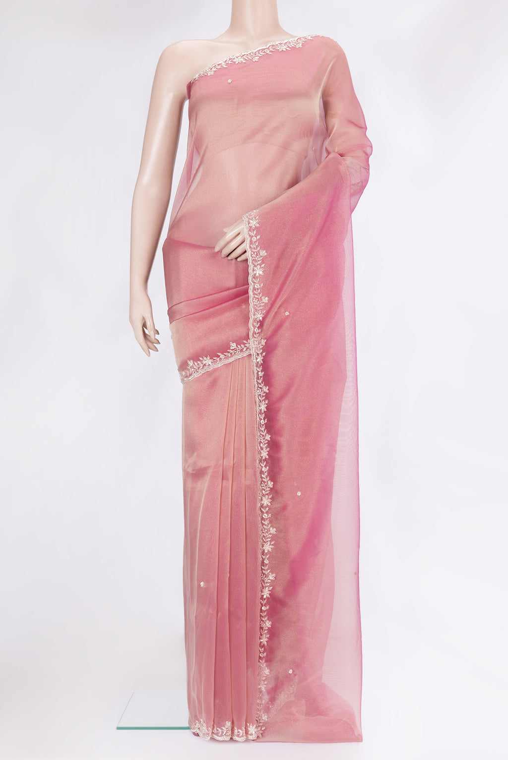 Pink Dual Tone Organza Silk Saree with Embroidery on the body and Embroidery Border.  displayed on a mannequin