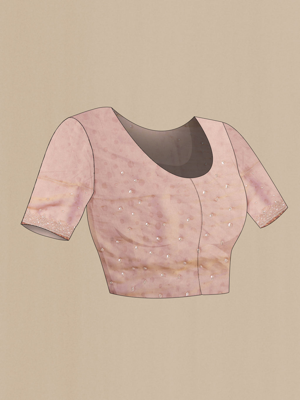 Close up image of the blouse of Rose Gold Dual Tone Organza Saree with Embroidery on the body and Sequin Border. 