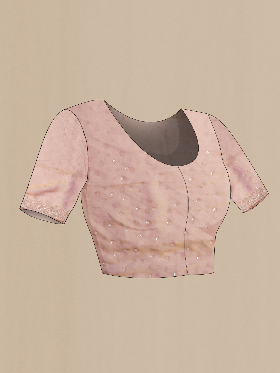 Close up image of the blouse of Rose Gold Dual Tone Organza Saree with Embroidery on the body and Sequin Border. 