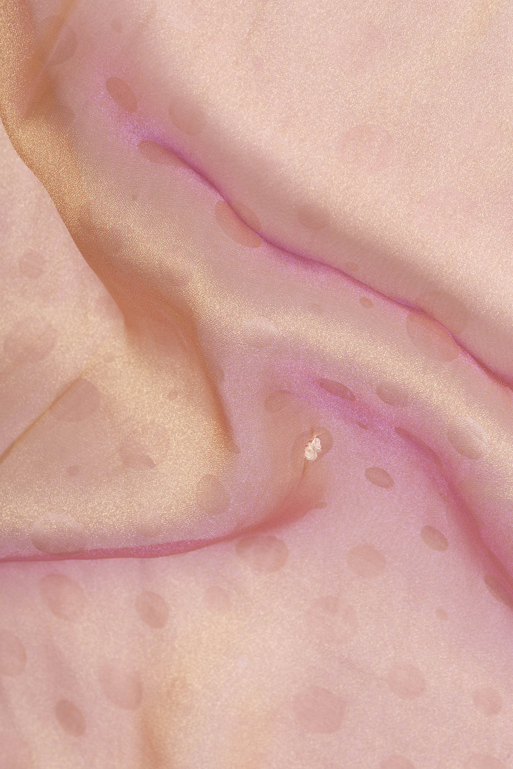 Close up of Rose Gold Dual Tone Organza Saree with Embroidery on the body and Sequin Border.  displaying folds