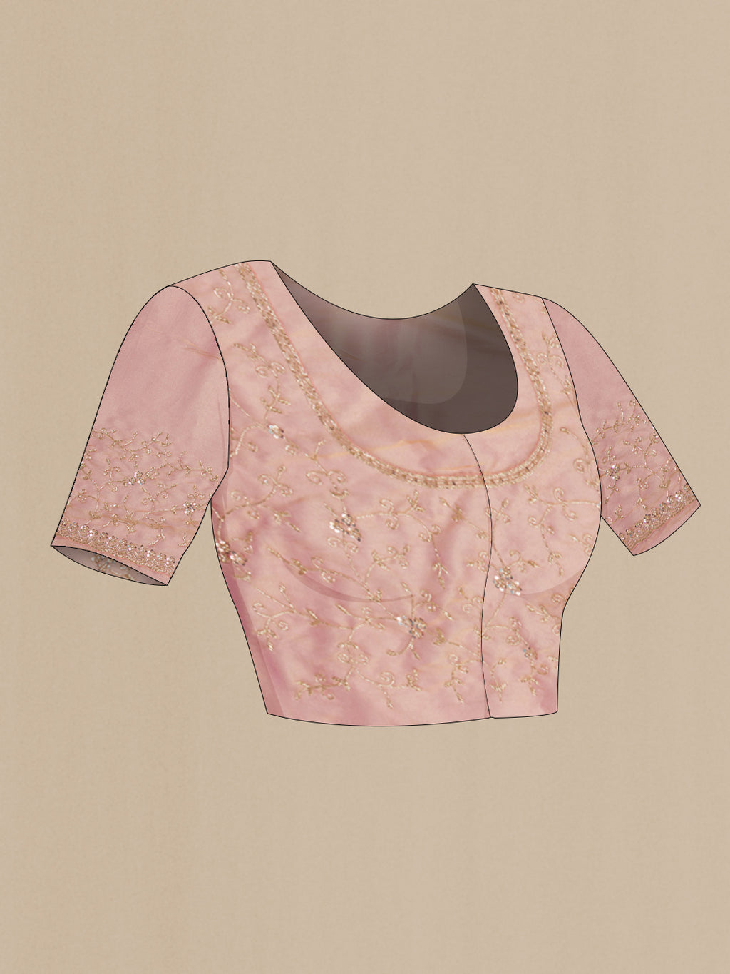Close up image of the blouse of Golden Peach Organza Silk Saree with Embroidery on the body and Sequin Border. 