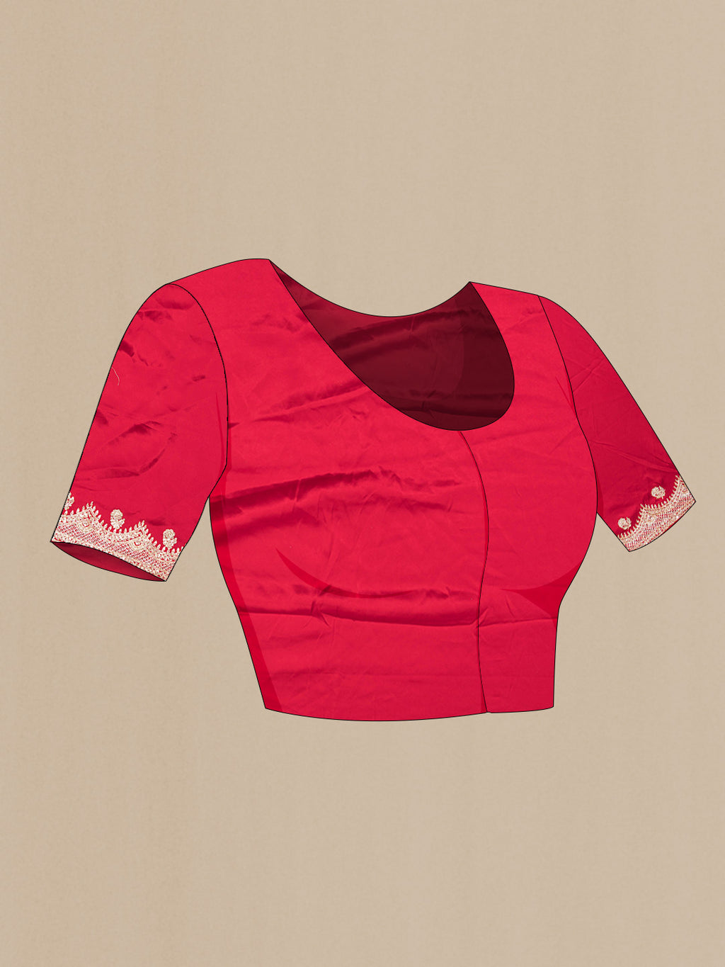Close up image of the blouse of Red Satin Saree with Embroidered on the body and Sequin Border. 