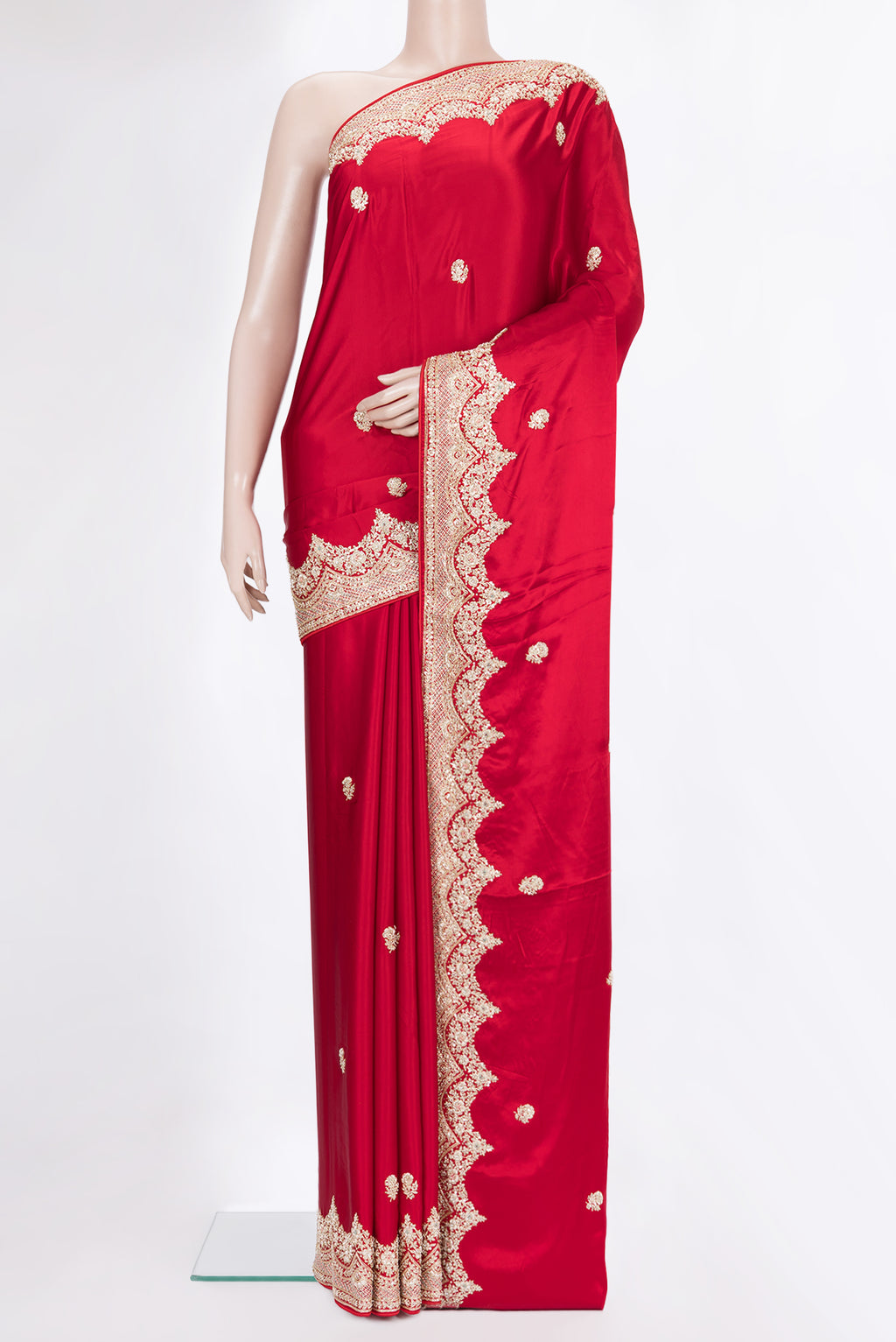 Red Satin Saree with Embroidered on the body and Sequin Border.  displayed on a mannequin