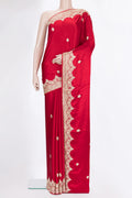 Red Satin Saree with Embroidered on the body and Sequin Border.  displayed on a mannequin
