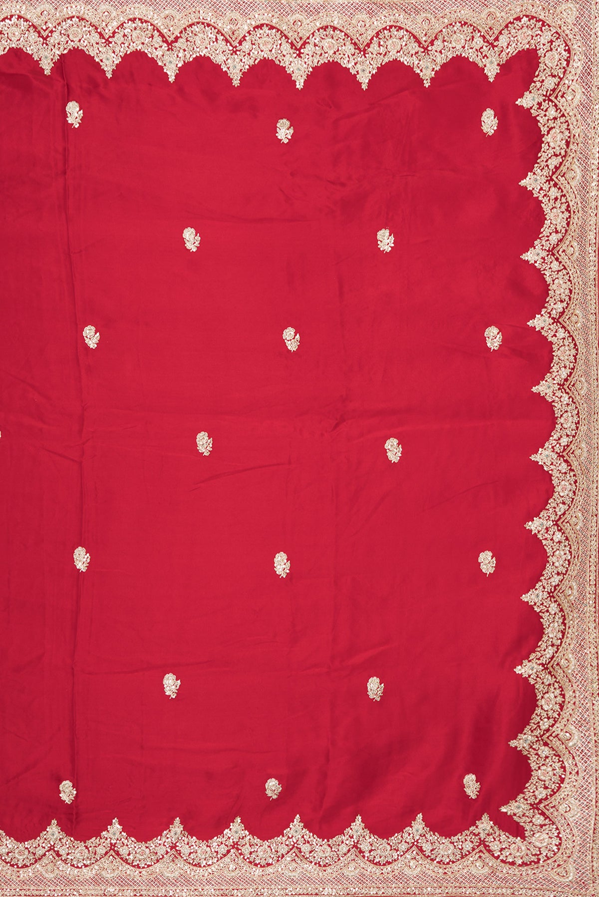 Close up image of the pallu of Red Satin Saree with Embroidered on the body and Sequin Border. 