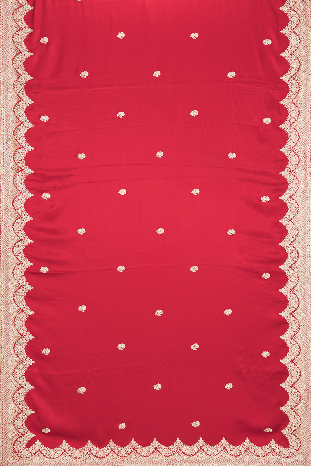 Flat view of Red Satin Saree with Embroidered on the body and Sequin Border. 