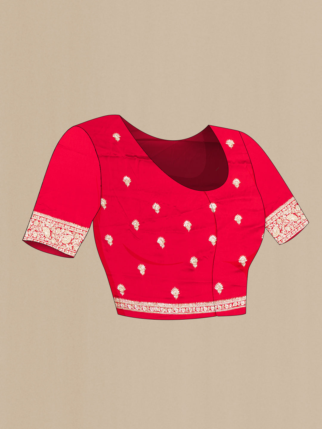 Close up image of the blouse of Red Satin Saree with Embroidered on the body and Sequin Border. 