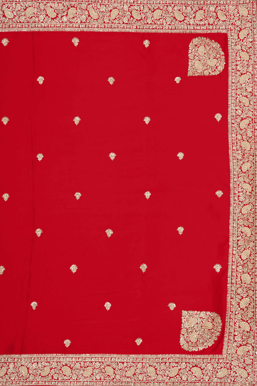 Close up image of the pallu of Red Satin Saree with Embroidered on the body and Sequin Border. 