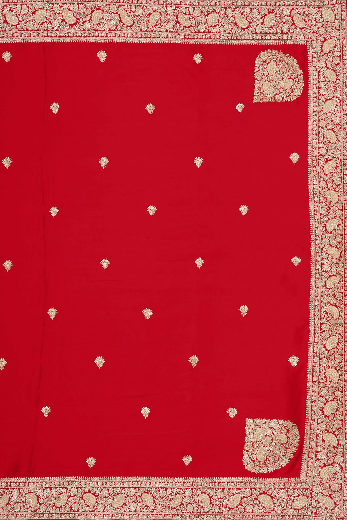 Close up image of the pallu of Red Satin Saree with Embroidered on the body and Sequin Border. 