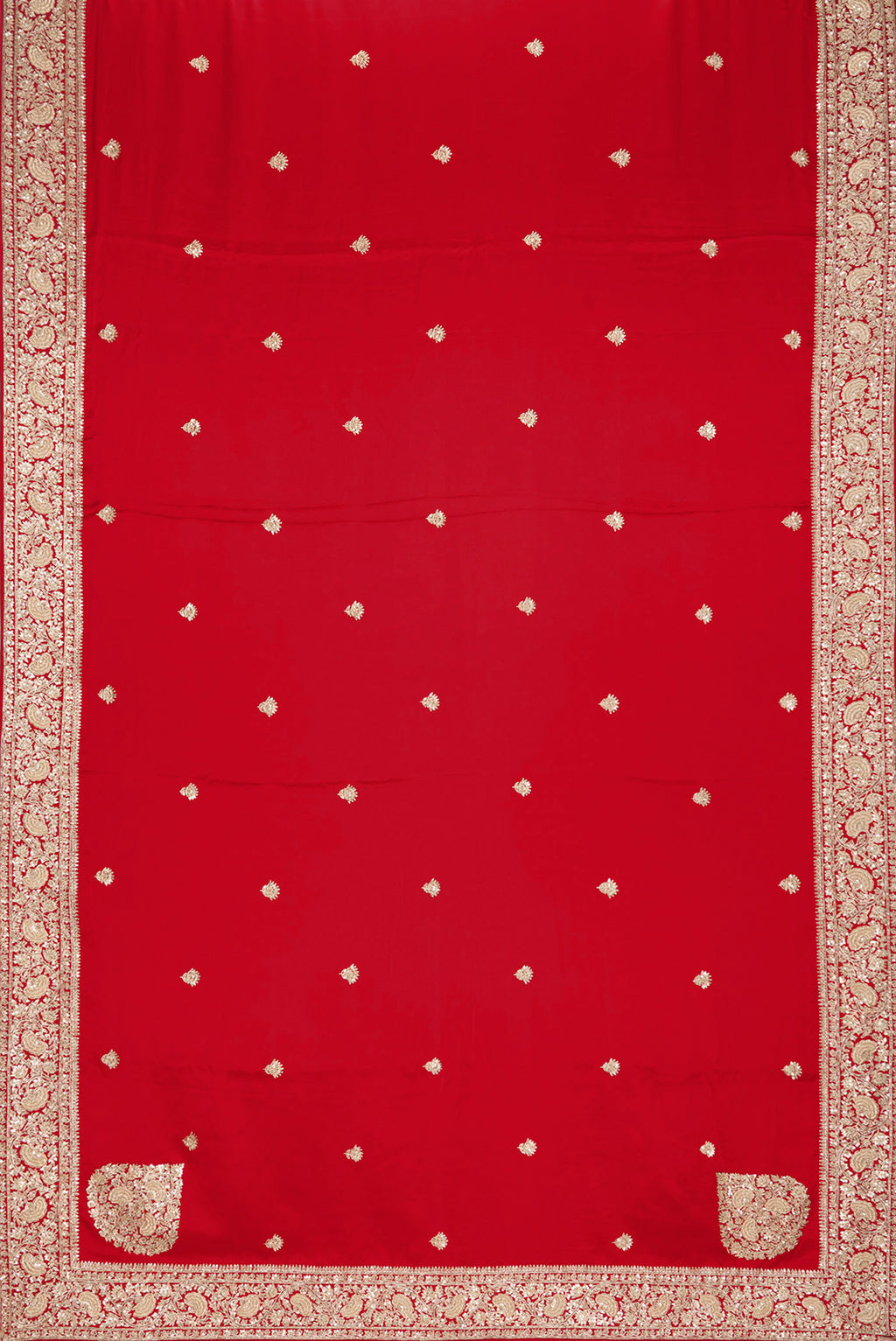 Flat view of Red Satin Saree with Embroidered on the body and Sequin Border. 