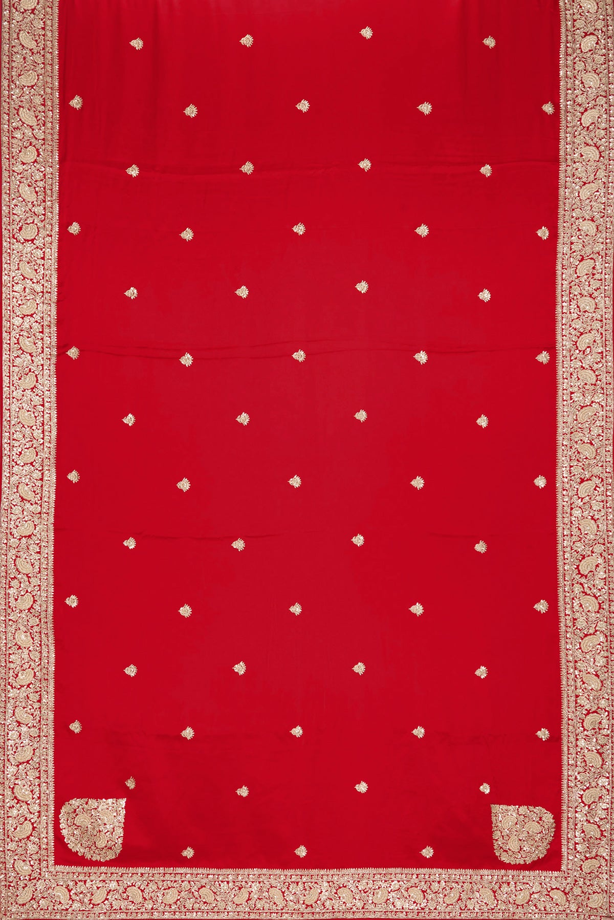 Flat view of Red Satin Saree with Embroidered on the body and Sequin Border. 