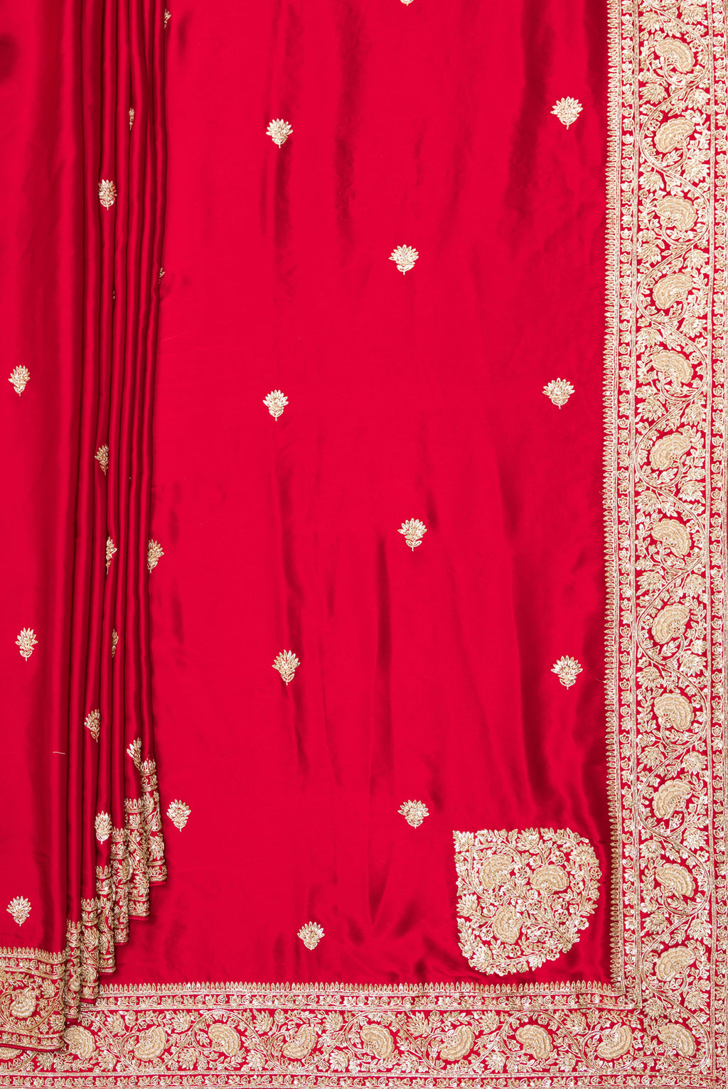 Pleats and pallu of Red Satin Saree with Embroidered on the body and Sequin Border. 